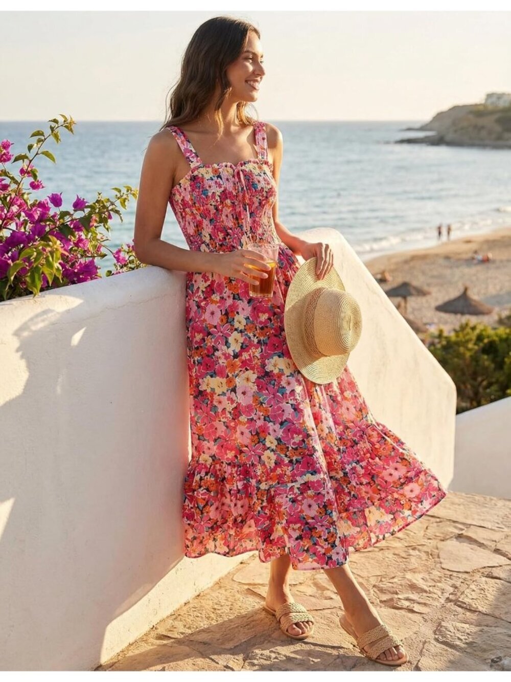 〽️Women's Pink Orange Square Neck Strapped A LINE Floral Boho Long Maxi Dress